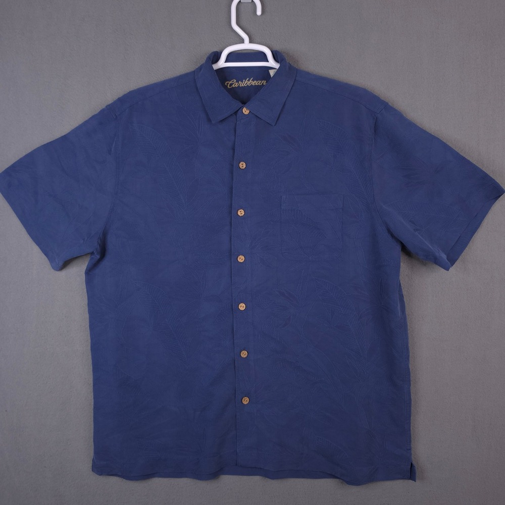 Caribbean Mens XL Blue Short Sleeve Button Up Tropical Leaf Jacquard Shirt XL
